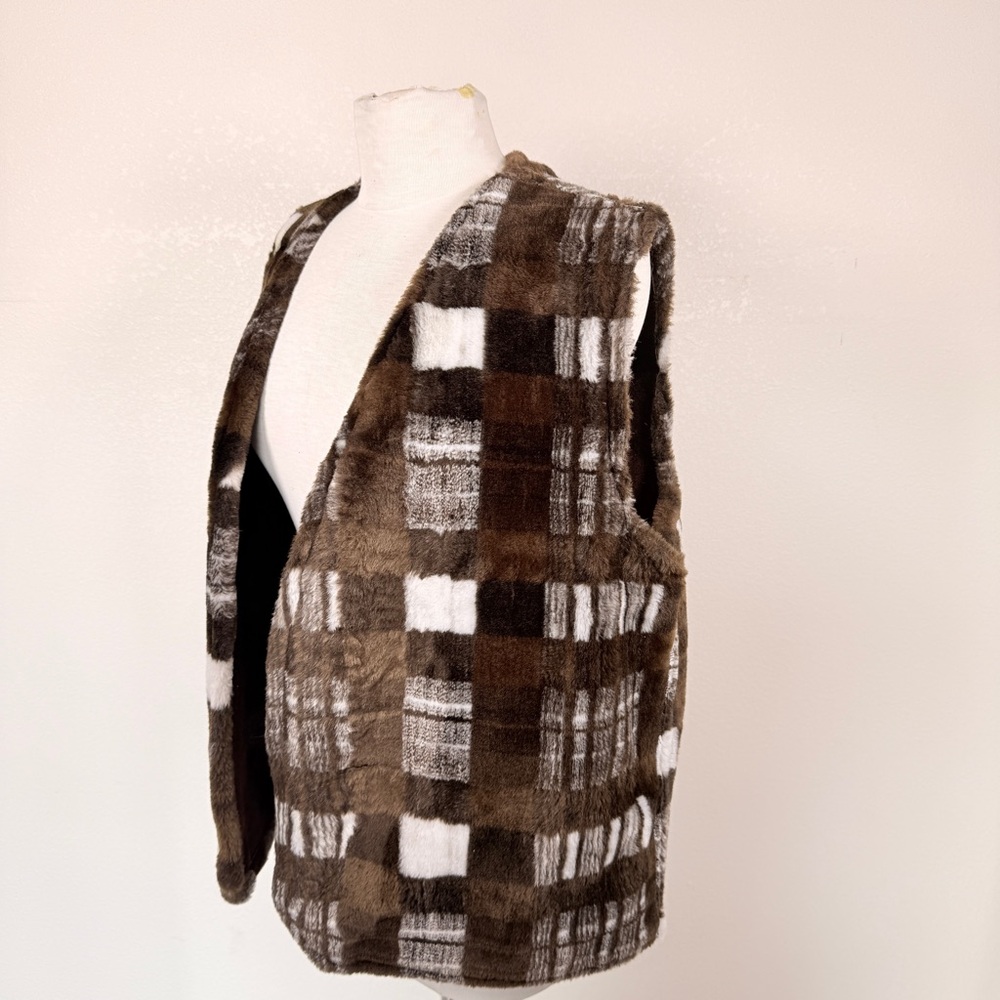 Vintage 70s Shag faux Fur Leather Western Rodeo Vest Buffalo Check Plaid Large